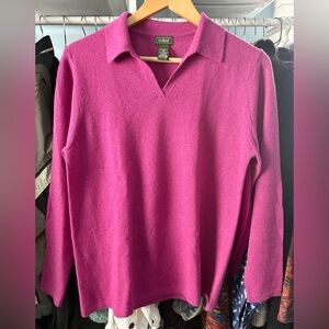 L.L. Bean Y2K Collared V-Neck Cashmere Relaxed Polo Sweater Fuchsia Size Small